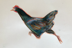 Hahn-auf-der-Flucht-23-27x1-cm-Mischtechnik-auf-Papier