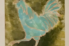 Hahn-in-Tuerkis-23-Acryl-auf-Papier-27-x-27-cm