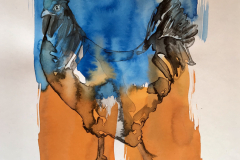 Hahn-orangeblau-23-27x27-cm-Beize-auf-Papier