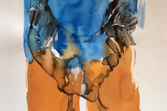 Hahn zwischen blau und oker, 2023. Aquarell, Tusche auf Papier, 25 x 22 cm