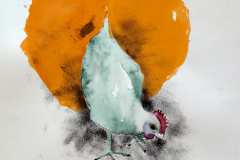Huhn vor Gelb, 2023, Mischtechnik auf Papier, 25 x 26 cm